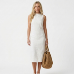 Sleeveless midi shift dress in light ribbed fabric, high neck, straight hem