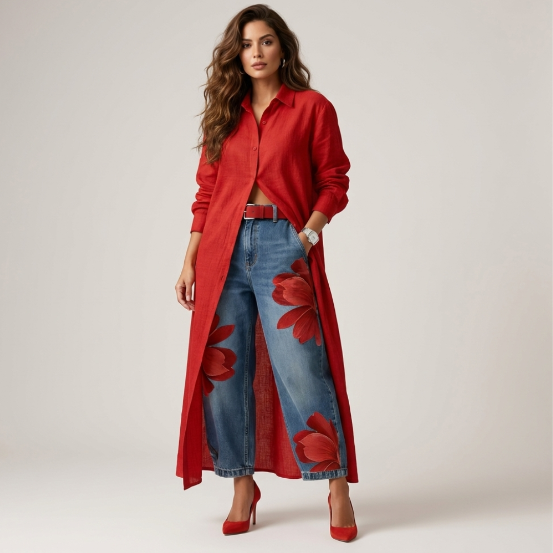 Red long-sleeve shirt and wide-leg denim pants set with red floral print
