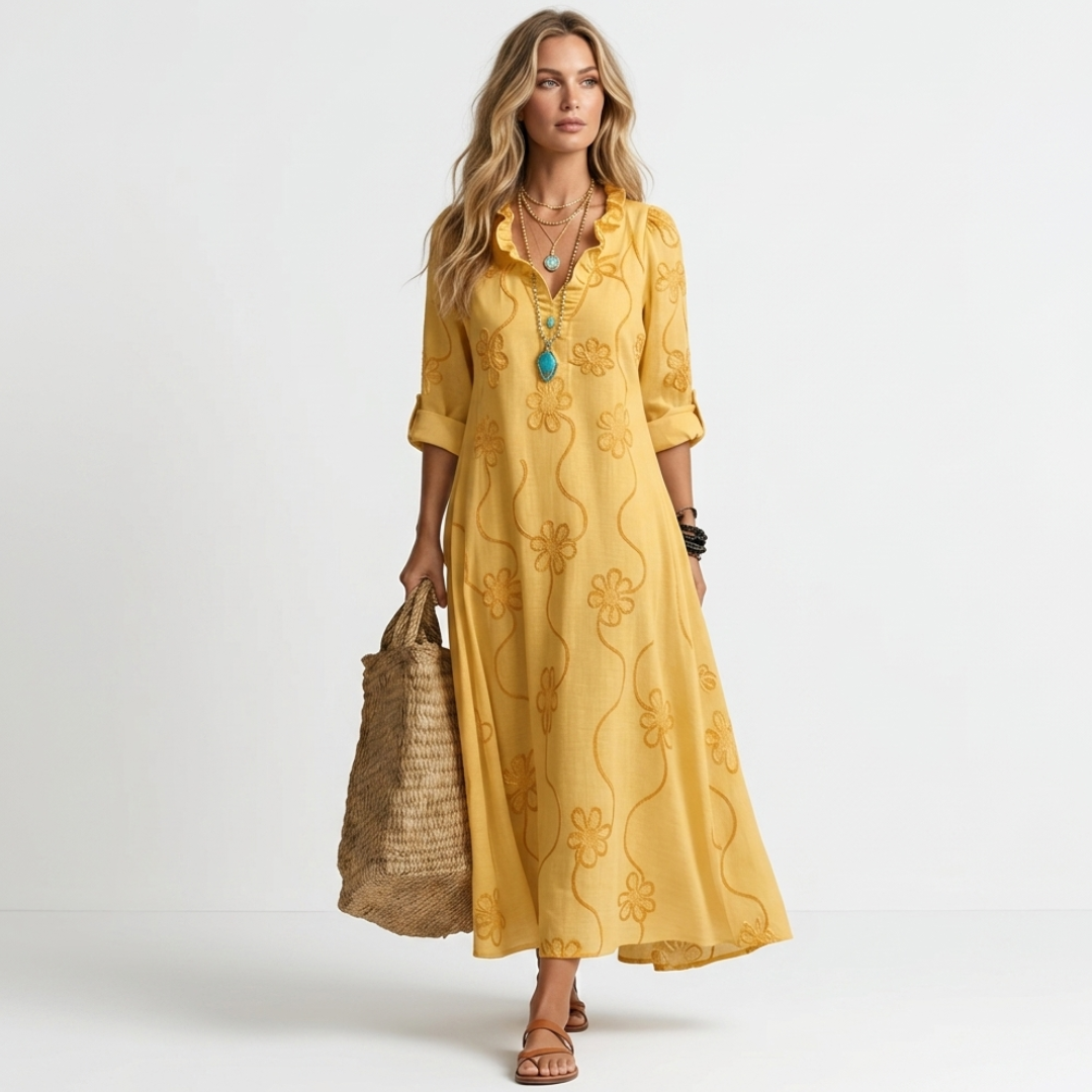 Long summer floral dress, mustard yellow, V-neck, 3/4 sleeves, ankle length