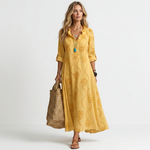 Long summer floral dress, mustard yellow, V-neck, 3/4 sleeves, ankle length