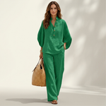 Green button-front tunic and wide-leg pants set, relaxed fit with wide sleeves