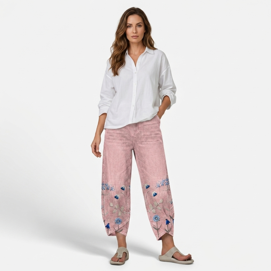 Pink casual embroidered trousers with floral and butterfly hem embroidery