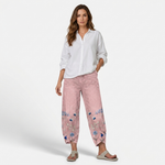 Pink casual embroidered trousers with floral and butterfly hem embroidery