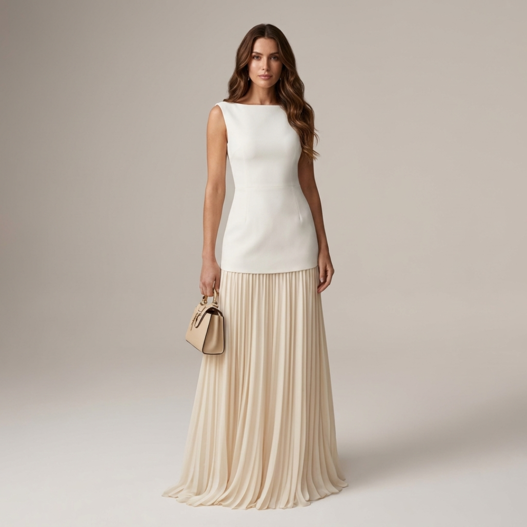 2-piece set with white sleeveless top and cream pleated maxi skirt