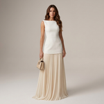 2-piece set with white sleeveless top and cream pleated maxi skirt