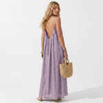 Lightweight lavender summer dress with spaghetti straps and tie front, maxi length