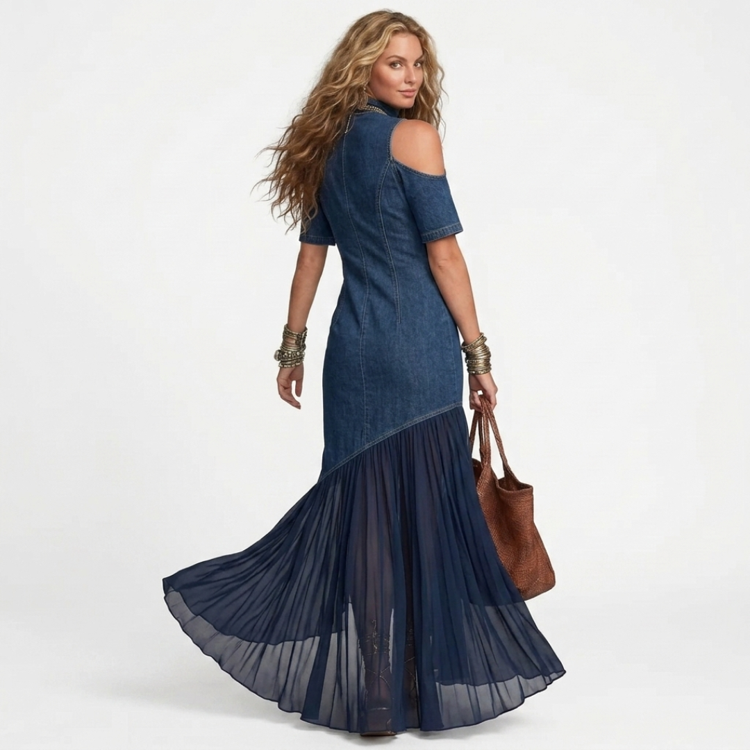 Dark blue denim long dress with cold-shoulder sleeves and flowing sheer tulle skirt