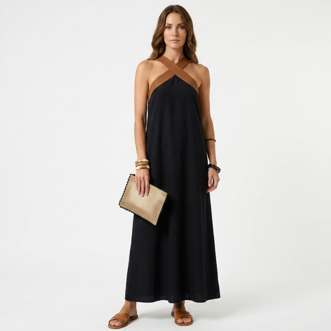 Black cross-strap halter midi dress with brown diagonal neckline and relaxed fit