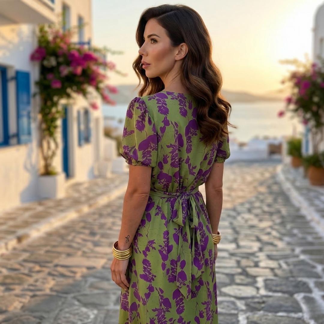 Green and purple floral midi dress with V-neck, puff sleeves and tie waist detail