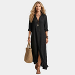 Black long linen dress with button-front V-neck, 3/4 sleeves, side slit