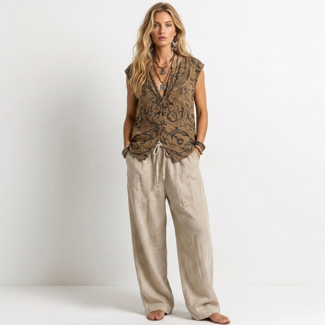 Women’s patterned sleeveless vest with wide-leg linen pants in natural beige