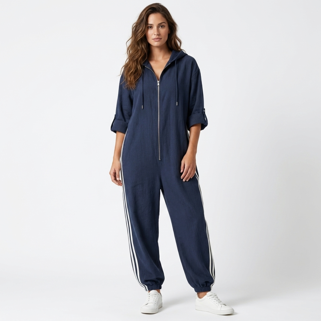 Striped hooded zip-front jumpsuit, dark navy blue, side stripe accents and pockets
