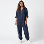 Striped hooded zip-front jumpsuit, dark navy blue, side stripe accents and pockets