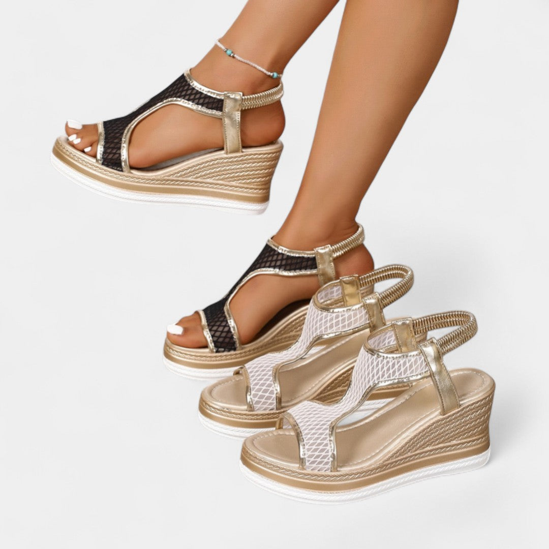 Women's orthopedic platform sandals, black straps with beige and gold wedge