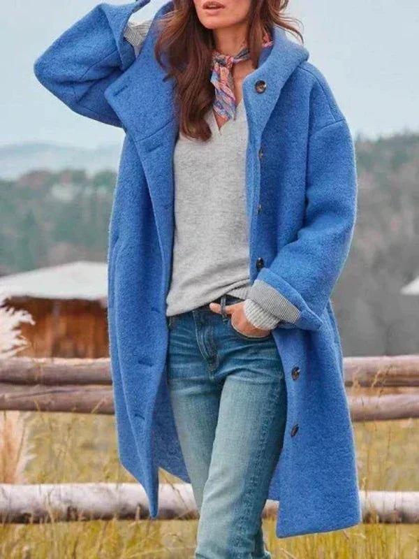 Long blue hooded coat with button front and side pockets