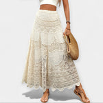 Cream lace midi skirt with smocked waistband and tiered scalloped hem