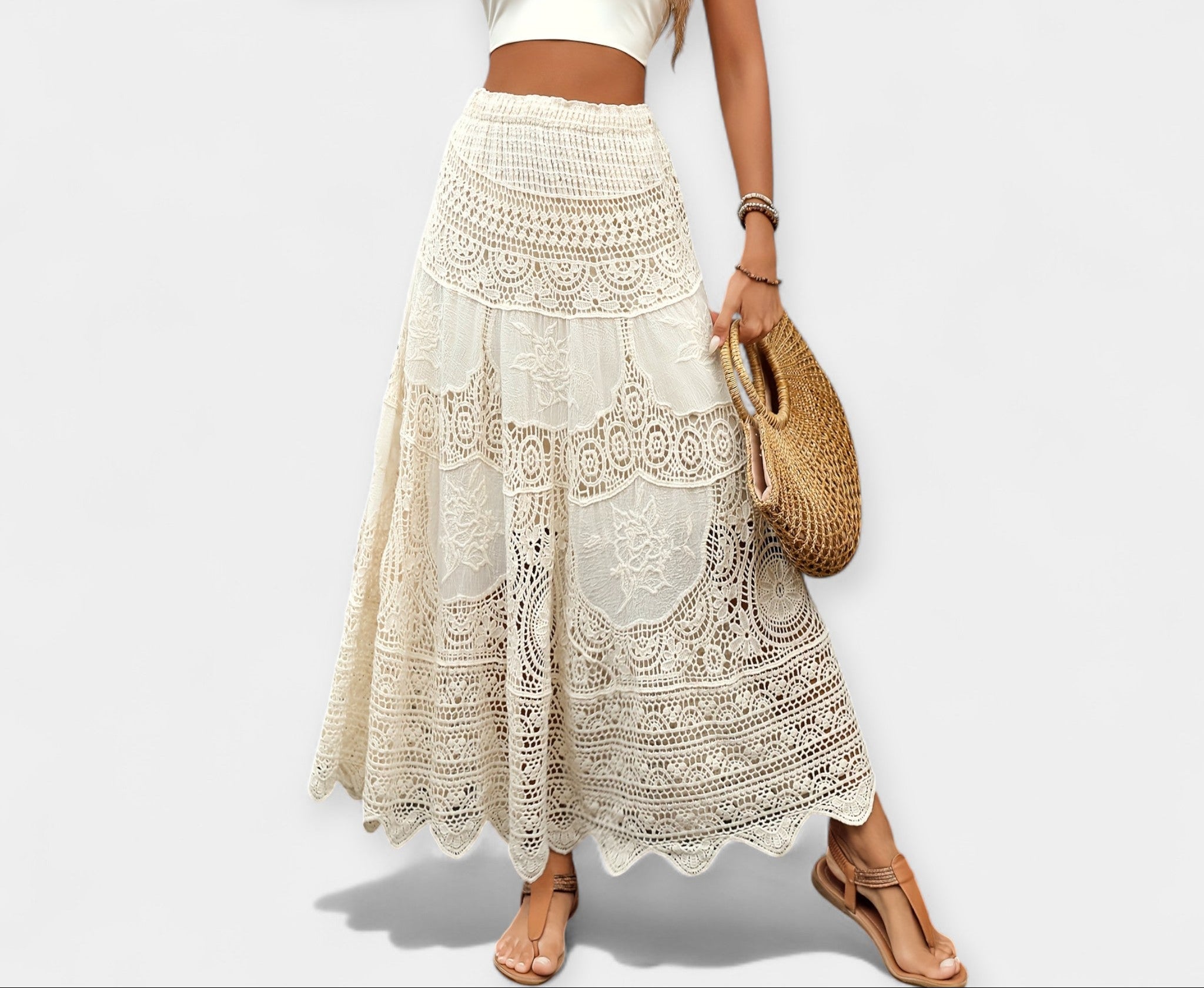 Cream lace midi skirt with smocked waistband and tiered scalloped hem