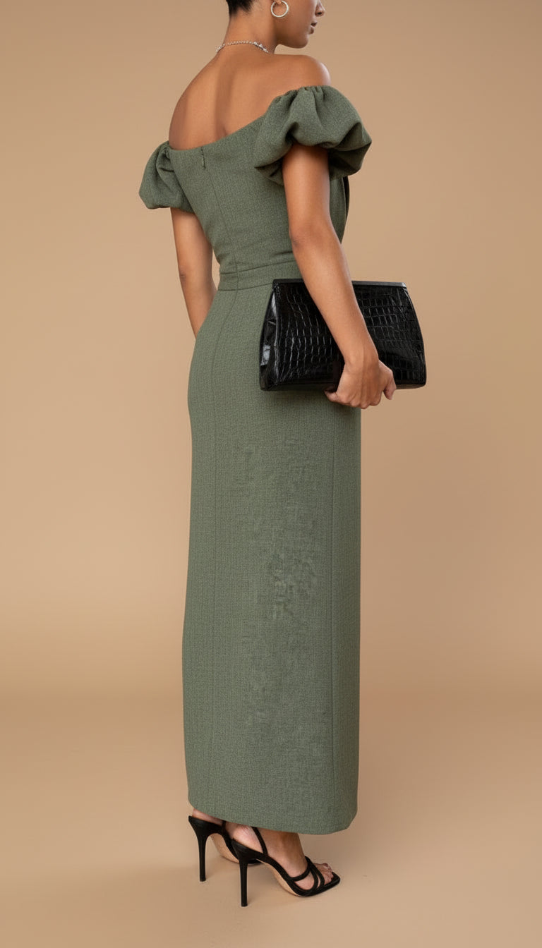 JASMINE off-shoulder midi dress with puff sleeves, open back, olive green