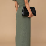 JASMINE off-shoulder midi dress with puff sleeves, open back, olive green