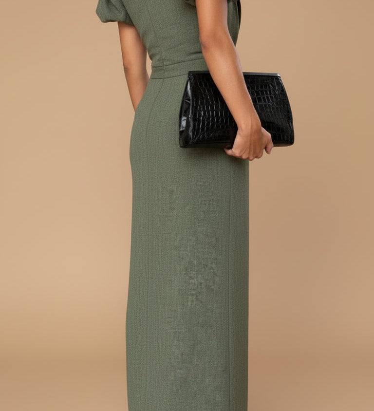 JASMINE off-shoulder midi dress with puff sleeves, open back, olive green