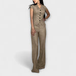 Khaki V-neck button-front top and wide-leg pants set, tailored fitted waist