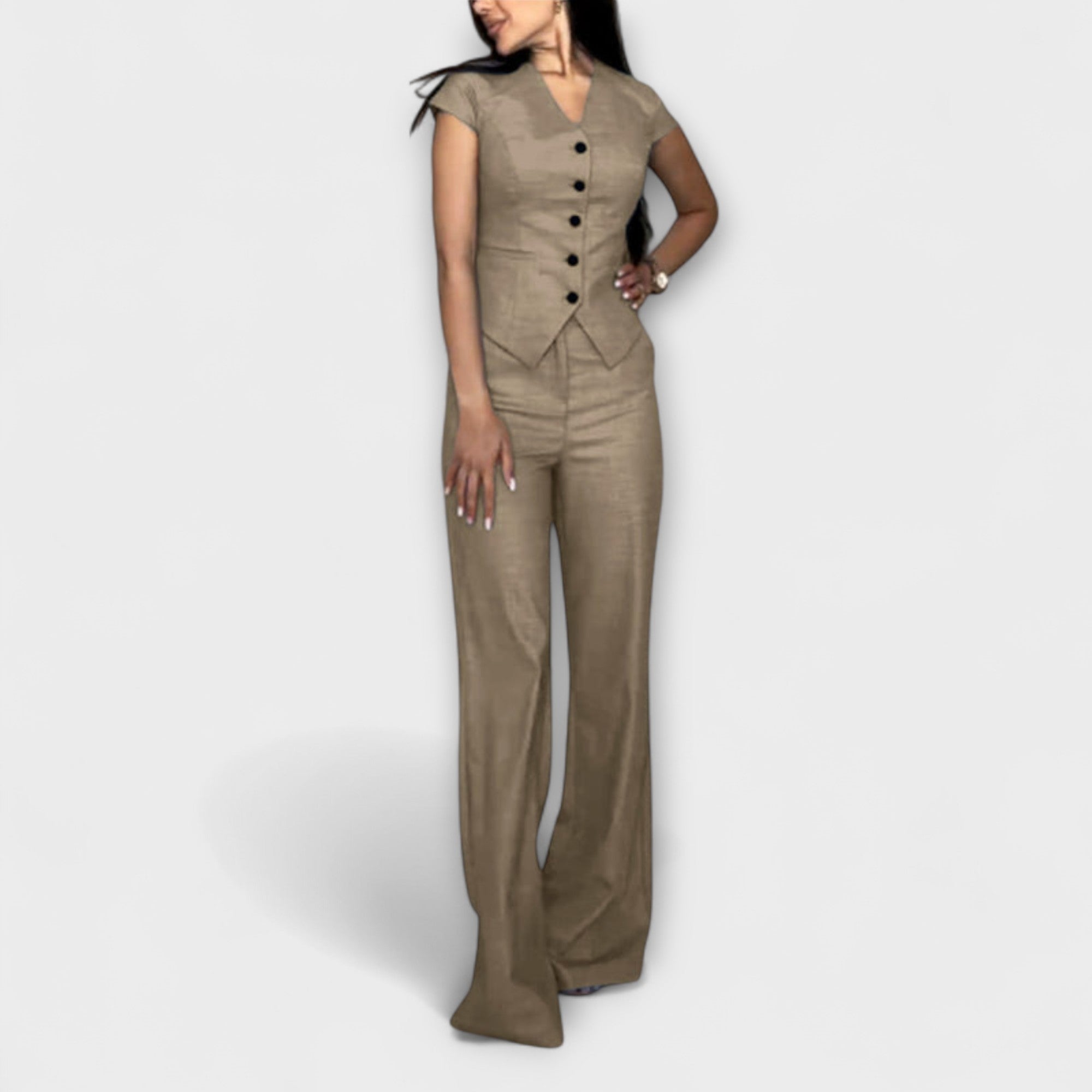 Khaki V-neck button-front top and wide-leg pants set, tailored fitted waist