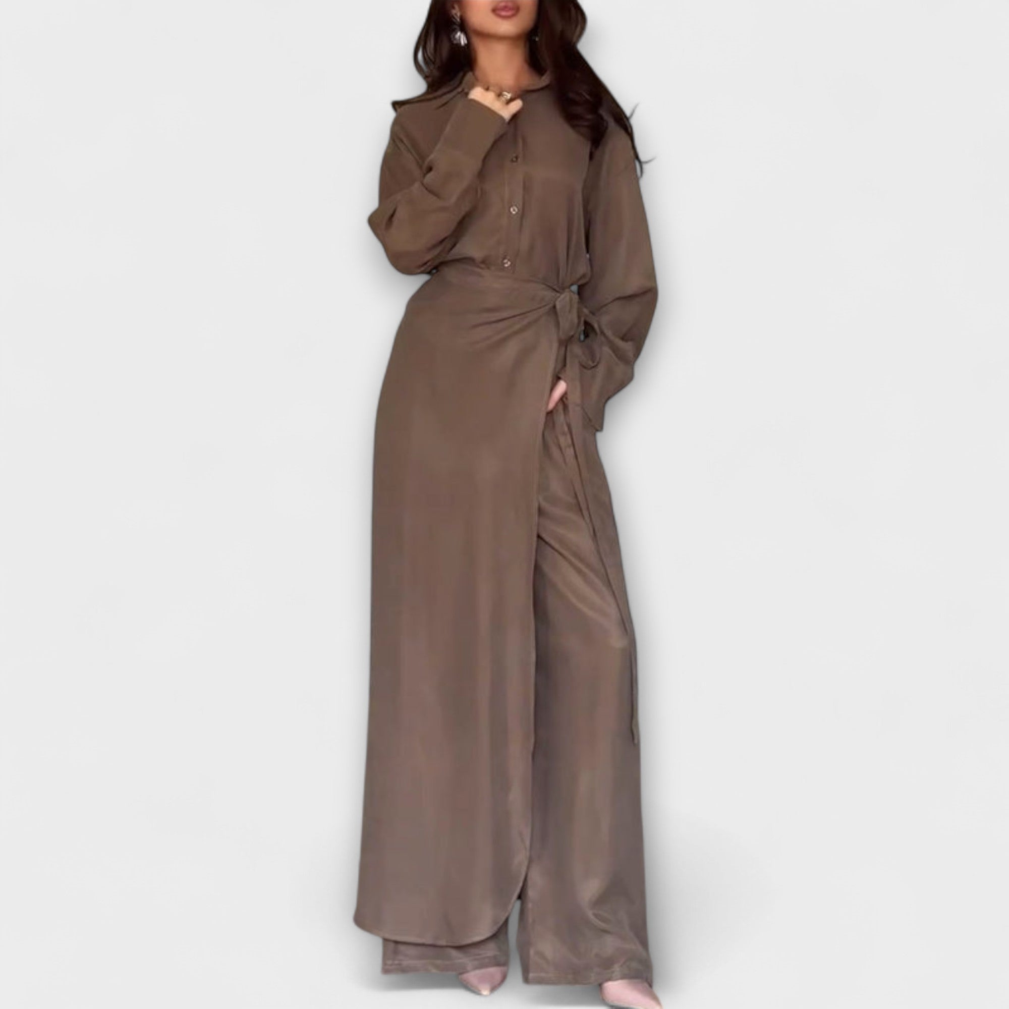 Two-piece button-up shirt and tie-waist wide-leg pants set, brown.