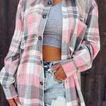Plaid long-sleeve shirt in pink, gray, and white with button front