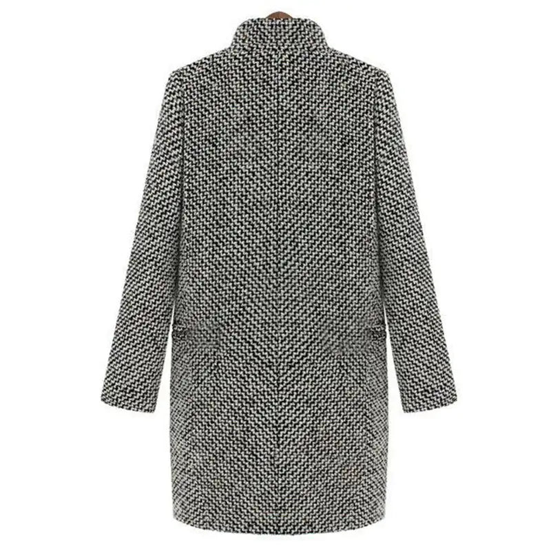 Black-and-white herringbone long overcoat, back view, full sleeves