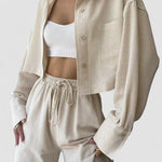 Light beige collared button-up top with drawstring waist pants, two-piece set