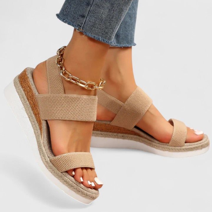 Merill orthopedic sandals, beige textured straps with gold chain ankle bracelet