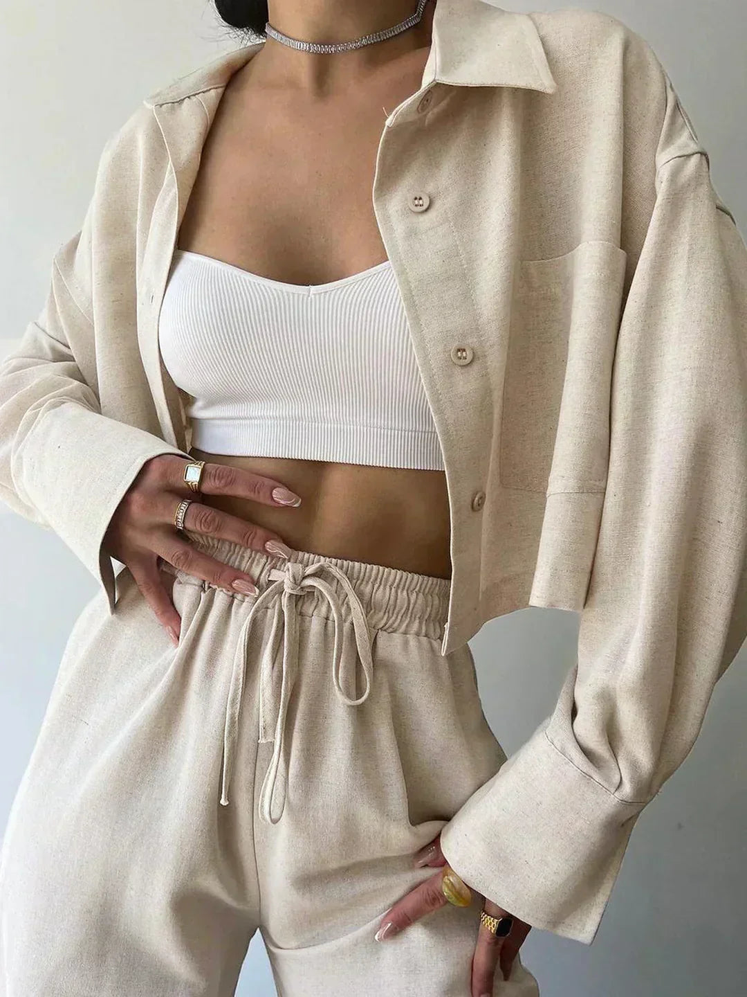 Light beige collared button-up and matching drawstring waist jogger pants set
