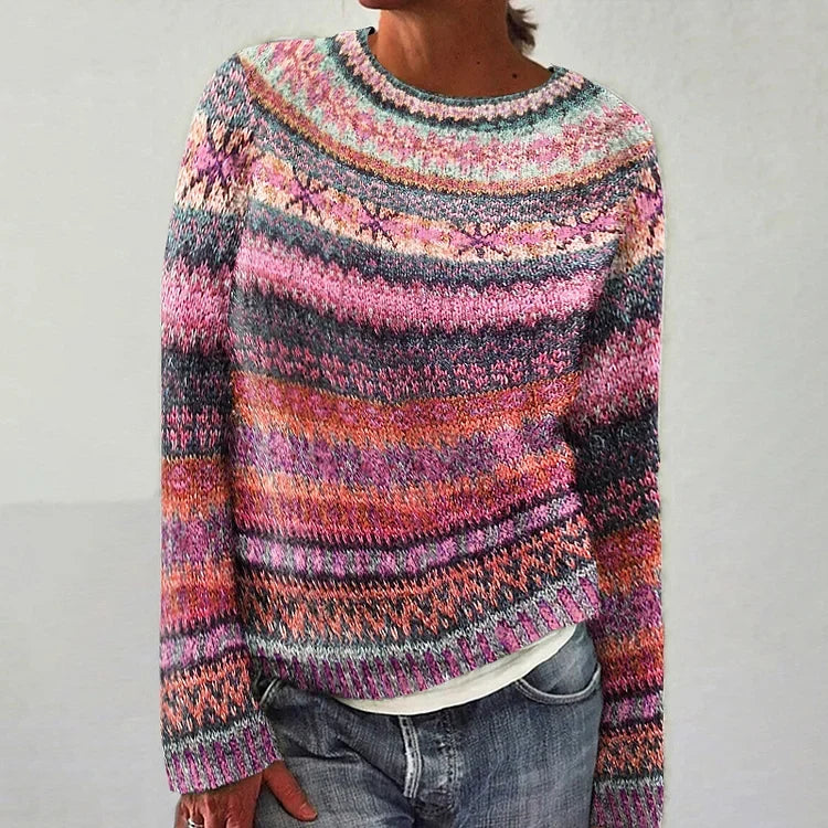 Multicolor knit pullover sweater with crew neck, long sleeves, and pink striped pattern