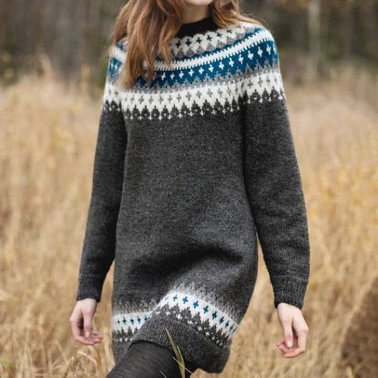 Franziska dark gray knit sweater with fair isle yoke, long sleeves, crew neck