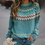 Sabine teal knit sweater with Fair Isle pattern, crew neck, long sleeves