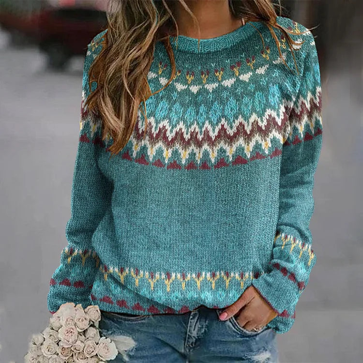 Sabine teal knit sweater with Fair Isle pattern, crew neck, long sleeves