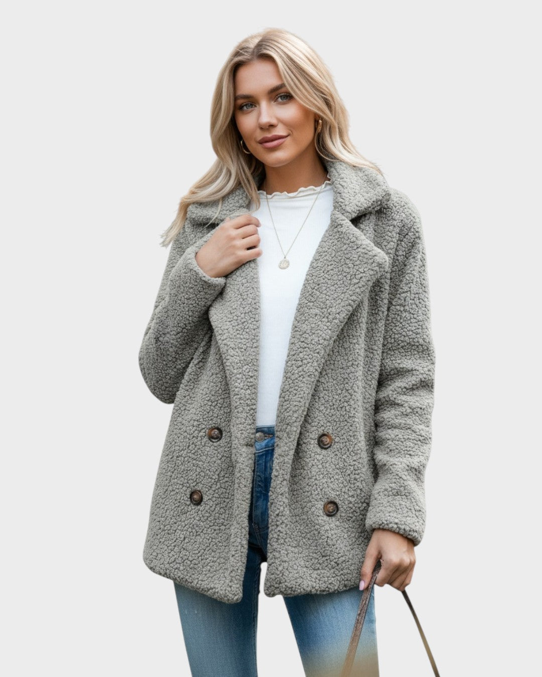 Light gray sherpa puffer jacket with wide lapels, double-breasted buttons, and long sleeves