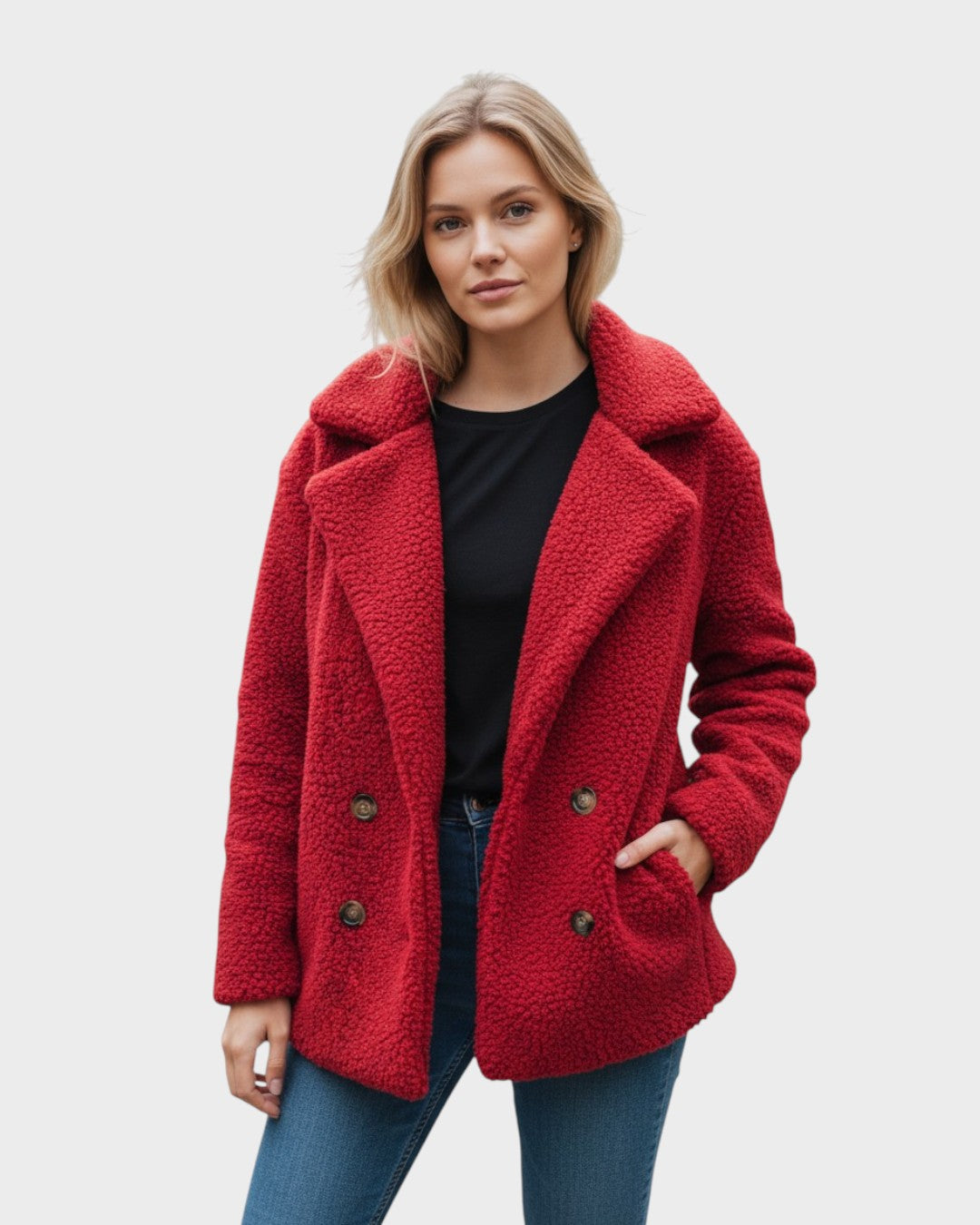 Red sherpa puffer jacket with wide lapels, double button front, and long sleeves