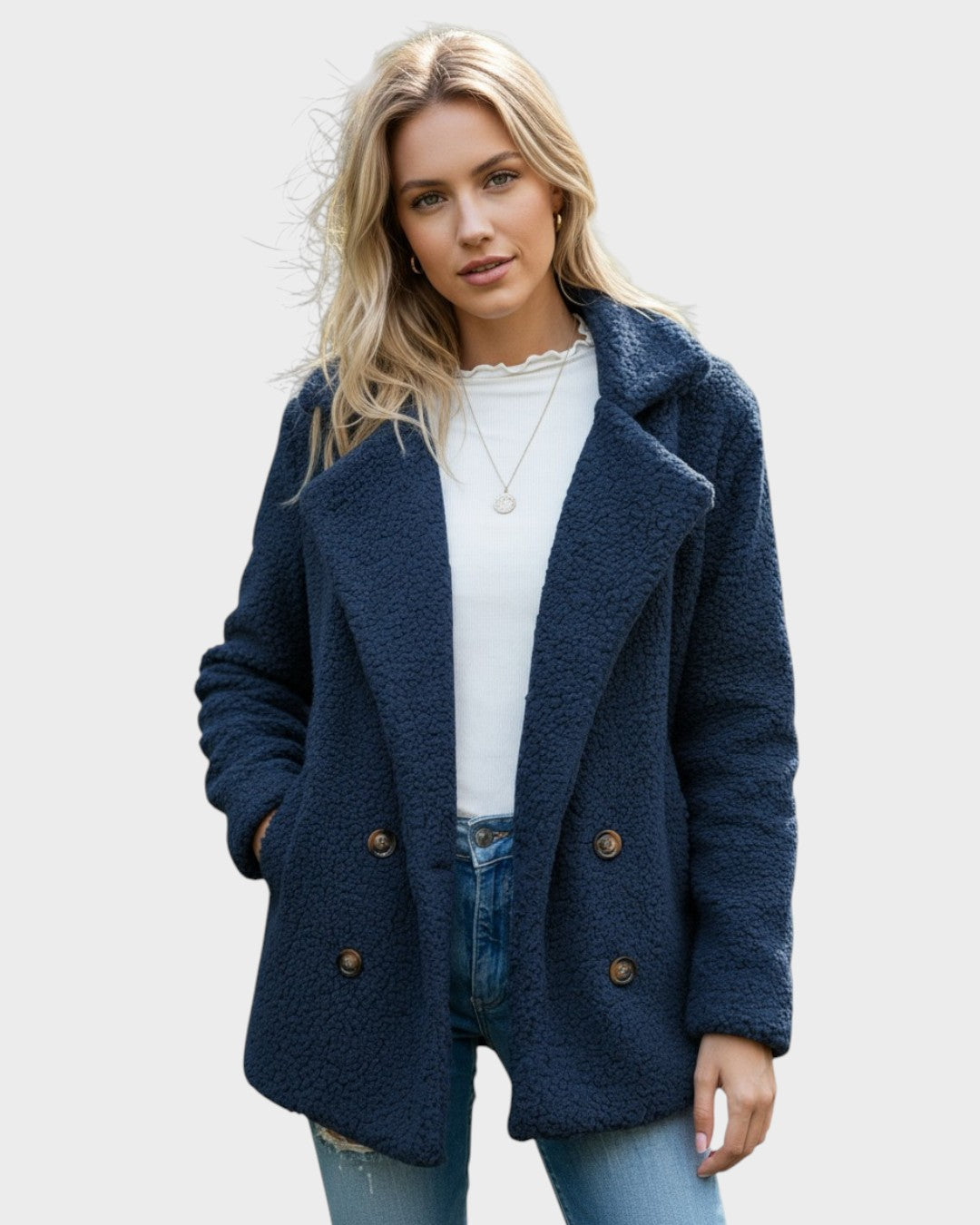 Navy sherpa puffer jacket with wide lapels, double-breasted buttons, and long sleeves