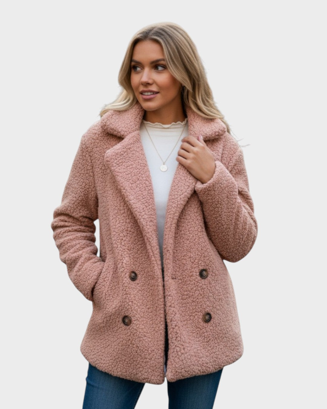 Aada puffy sherpa jacket, brown, double-breasted buttons, long sleeves