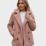 Aada puffy sherpa jacket, brown, double-breasted buttons, long sleeves