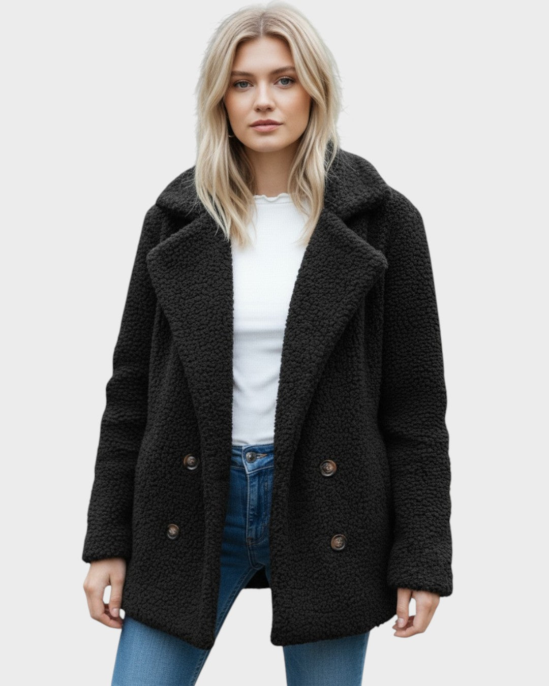 Black sherpa puffer jacket with wide lapels, double button front, and long sleeves