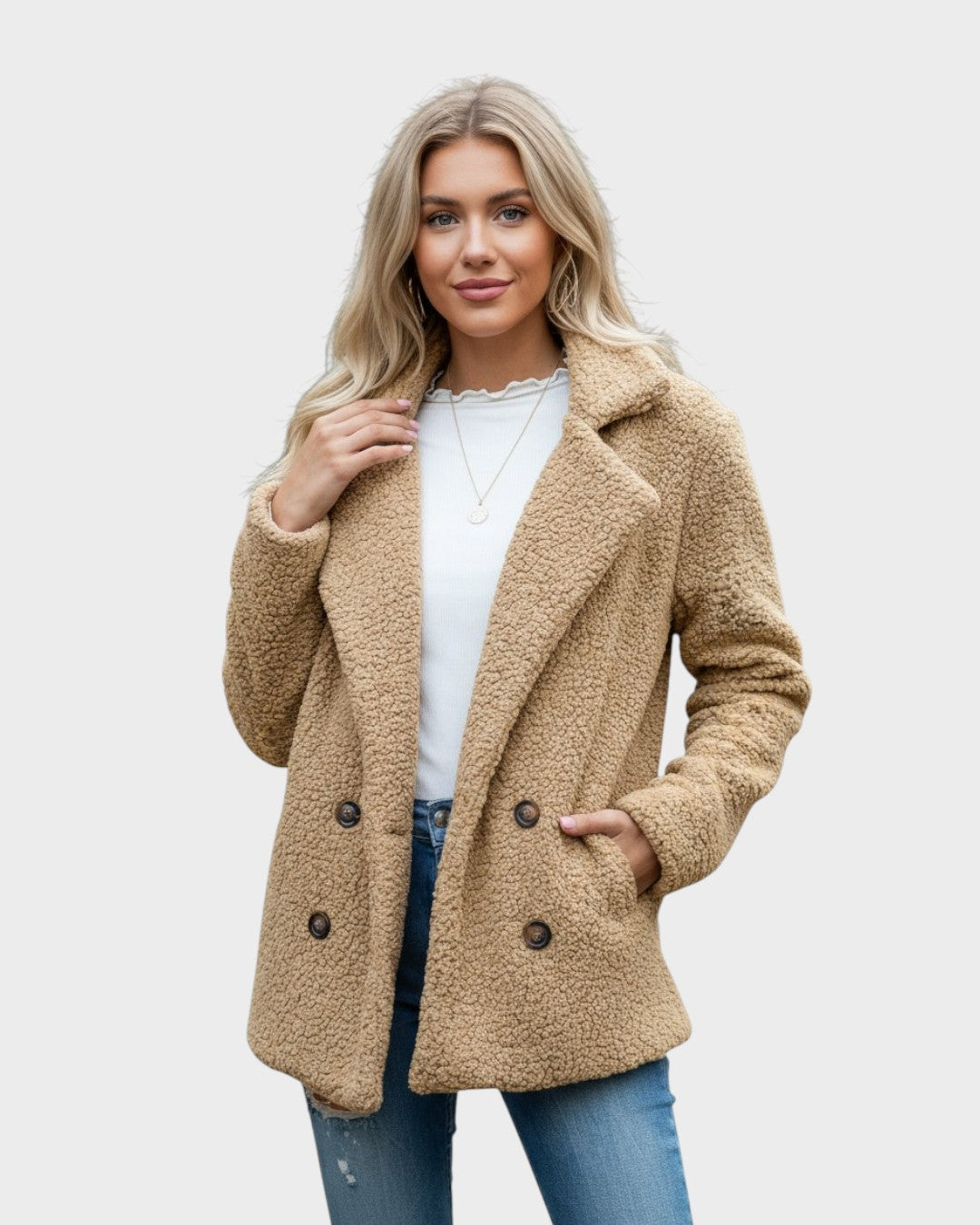 Tan sherpa puffer jacket with wide lapels, double-breasted buttons, and long sleeves