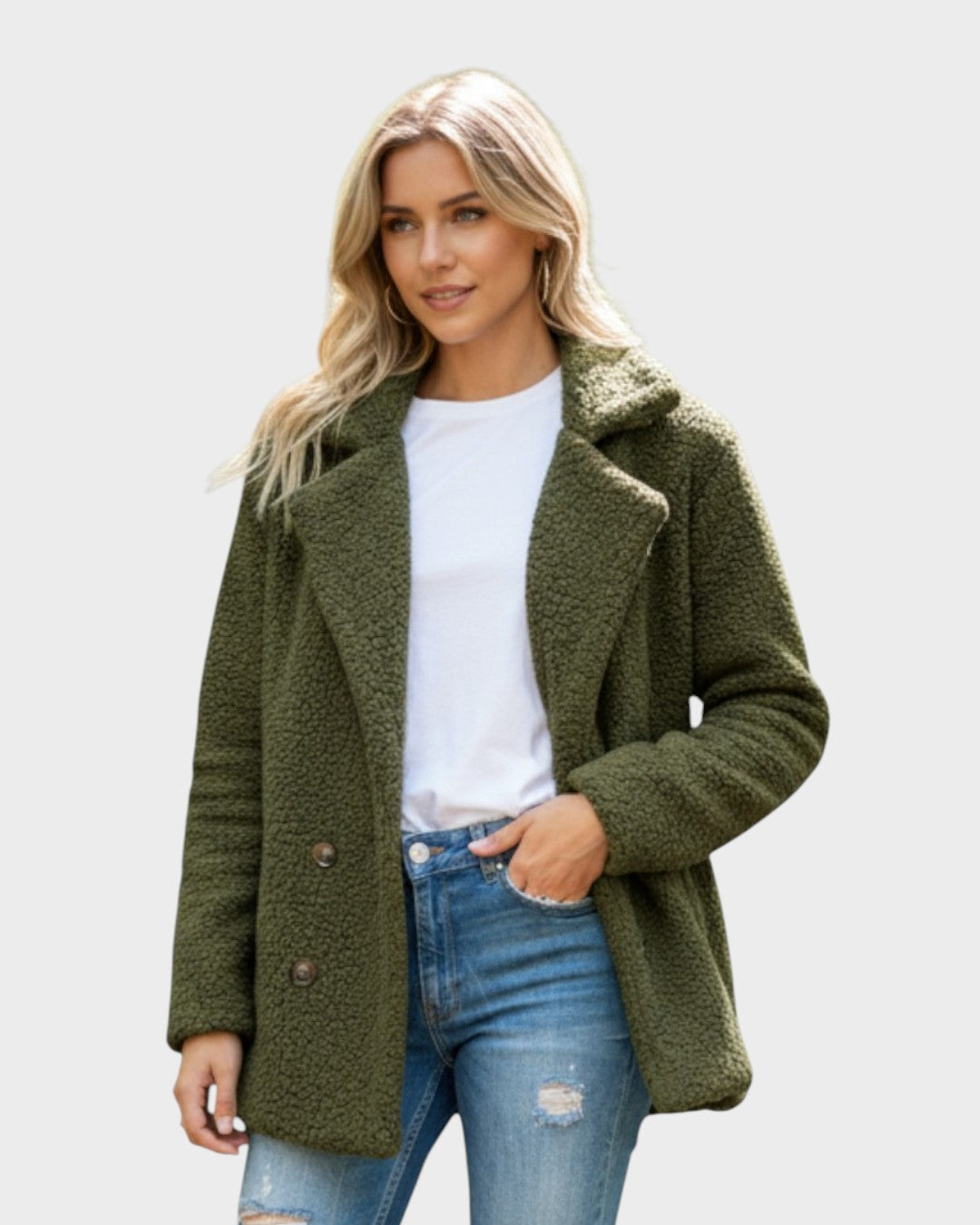Olive green sherpa puffer jacket with wide lapels and double-breasted button front