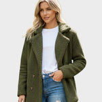 Olive green sherpa puffer jacket with wide lapels and double-breasted button front