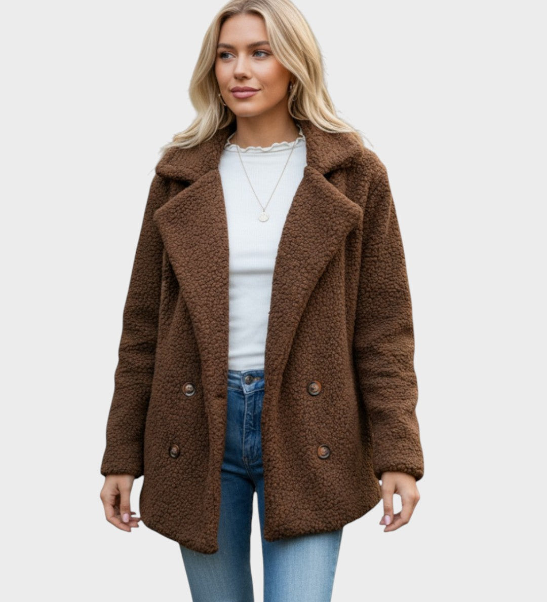 Brown sherpa puffer jacket with notch lapels, double button front, and long sleeves