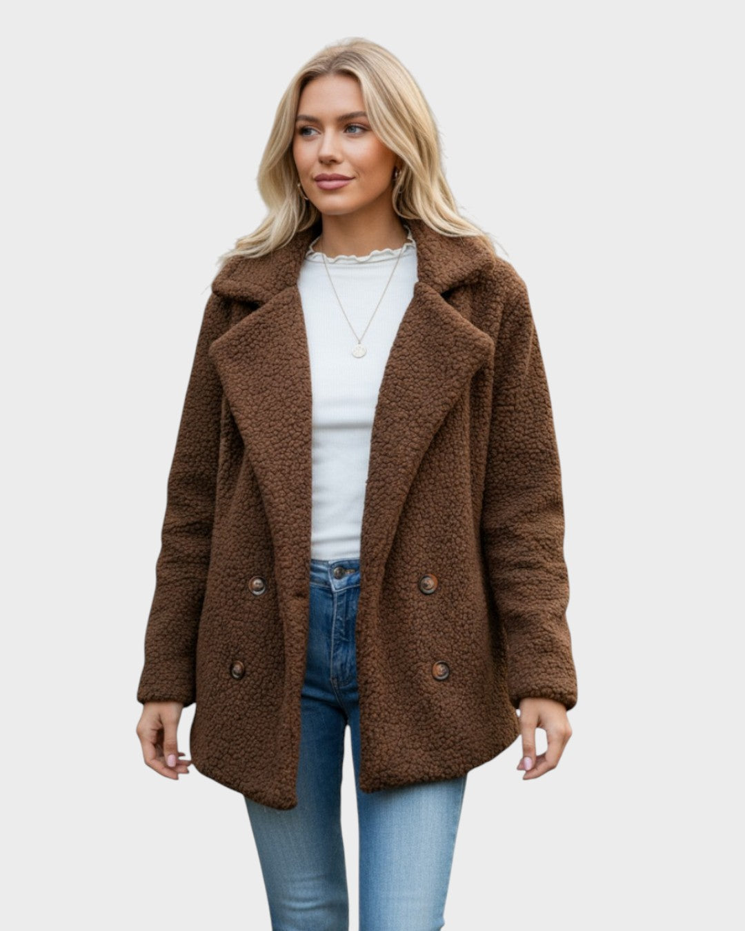 Brown sherpa puffer jacket with notch lapels, double button front, and long sleeves