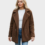 Brown sherpa puffer jacket with notch lapels, double button front, and long sleeves