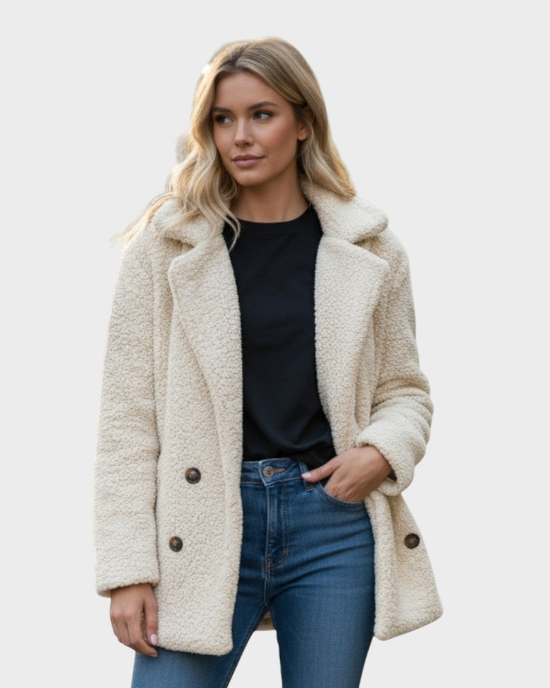 Light beige sherpa puffer jacket with wide lapels, double-breasted buttons, and long sleeves