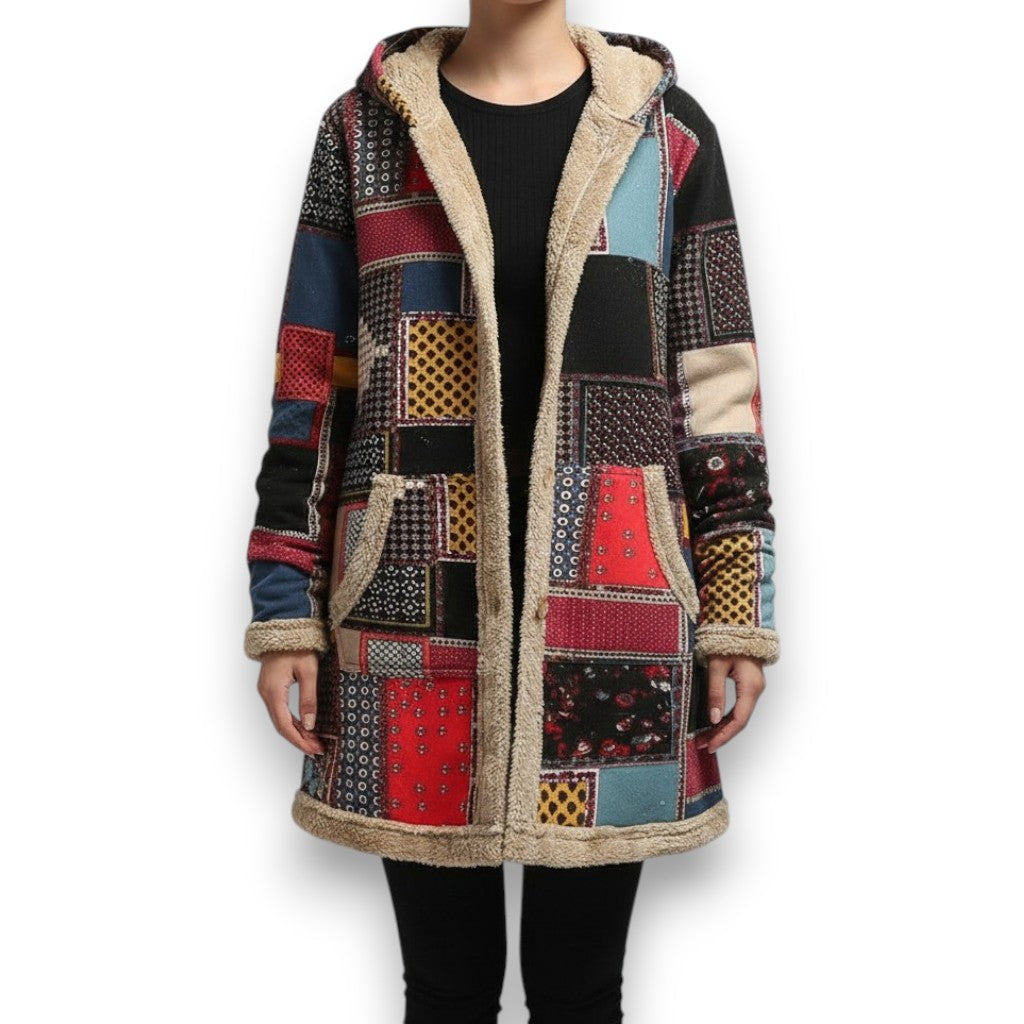 Long hooded patchwork coat with sherpa lining and multicolor geometric blocks